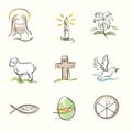 Set of Easter Christian symbols and spring hand drawn illustrations Royalty Free Stock Photo