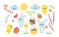 Set of Easter cute cartoon characters and design elements. Easter bunny, chicken, eggs and flowers. Royalty Free Stock Photo