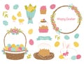 Set of Easter cute design elements. Basket, Easter cake, wreath, bouquet, egg, chickens, rabbit. Items isolated on a Royalty Free Stock Photo