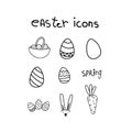 Set of Easter design elements. Cute chick, festive Easter eggs in a basket, Easter cake, spring flowers, willow and carrots. Royalty Free Stock Photo