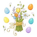 Set of Easter design elements. Eggs, tulips, flowers, willow, branches, basket, tulips, narcissus. Perfect for holiday Royalty Free Stock Photo