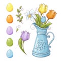 Set of Easter design elements. Eggs, tulips, flowers, willow, branches, basket, tulips, narcissus. Perfect for holiday Royalty Free Stock Photo