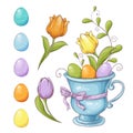 Set of Easter design elements. Eggs, tulips, flowers, willow, branches, basket, tulips, narcissus. Perfect for holiday Royalty Free Stock Photo