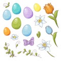 Set of Easter design elements. Eggs, tulips, flowers, willow, branches, basket, tulips, narcissus. Perfect for holiday Royalty Free Stock Photo