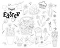 Set of Easter doodles - basket with Easter eggs, Easter cakes, Easter bunny, flowers and leaves, pussy willow and tulips