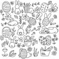 Set of Easter doodles bunnies, attributes of Easter eggs, baskets, flowers and leaves, coloring page with cute little animals