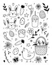 Set of Easter doodles with cute bunnies and a chick  Easter eggs  Easter cakes  spring twigs and flowers Royalty Free Stock Photo