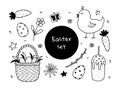 Set of Easter doodles with cute chick  Easter eggs in a basket and Easter cake Royalty Free Stock Photo