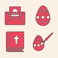 Set Easter egg and paint brush, Greeting card with Happy Easter, Easter egg and Holy bible book icon. Vector Royalty Free Stock Photo