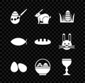 Set Easter egg and paint brush, rabbit, eggs, Basket with easter, Wine glass, Christian fish and Bread loaf icon. Vector Royalty Free Stock Photo