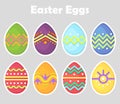 Set of Easter eggs, colored, oval, bright with a white outline isolated on a gray background. Spring holiday. Vector Illustration.