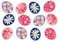 A set of Easter eggs of different colors and ornaments on a white background. Watercolor. Royalty Free Stock Photo