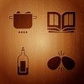 Set Easter eggs, Egg in hot pot, Bottle of wine and Holy bible book on wooden background. Vector