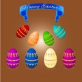 Set easter eggs with golden flowers, ribbon banner Royalty Free Stock Photo