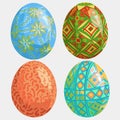 Set of easter eggs isolated on white background for your design. Bright colors and patterns. Cartoon realictic vector illustration
