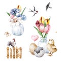 Set Of Easter Elements. Flowers, Chik, Egg Clip Art Hand Painting Cute Farm Isolated Illustration For Design Greeting