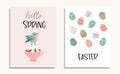 Set of Easter greeting cards, invitations with bird, cup of coffee, flowers and colorful Easter eggs pattern. Spring