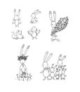 Set with Easter hares. Cute cartoon rabbits. Coloring book - Vector