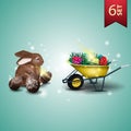 Set of Easter icons, chocolate Easter Bunny and wheelbarrow with Easter eggs