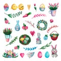 Set of Easter icons and festive elements Animals flowers branches eggs Royalty Free Stock Photo