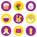 Set of easter icons. Round shape, colored in flat style with Easter symbols. Vector