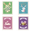 Set of Easter postal stamps, bunnies, eggs, retro graphic. Vintage collection