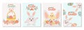 Set easter postcards. Spring flowers with the easter eggs in the basket, rabbit, chicken Can be add text. Design for banners, Royalty Free Stock Photo
