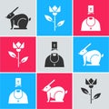 Set Easter rabbit, Flower tulip and Priest icon. Vector