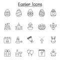 Set of Easter Related Vector Line Icons. Contains such Icons as egg, gift, church, rabbit, chicken, bible, balloon, flower, cross