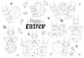 Set of Easter sketches with cute Easter bunnies. A family of bunnies with a large Easter egg, kids - a boy and a girl, Easter