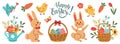 Set of Easter and Spring design elements. Rabbit, eggs, chicken, butterfly, tulips, flowers, branches, basket. Royalty Free Stock Photo
