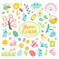 Set of Easter spring elements isolated on white background. Vector flat eggs, chicken, butterfly, rabbit, tulips, flowers, willow Royalty Free Stock Photo