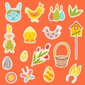 Set of Easter stickers: eggs, rabbit, chick, birdhouse, rabbit ears, bunny, flowers. Cute cartoon illustrations.