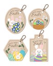 Set of Easter stickers, labels, decor for holiday decoration. Cute different bunnies, colored eggs, flowers and lettering Royalty Free Stock Photo