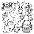 A set of Easter themed drawings of rabbits, eggs, and flowers Royalty Free Stock Photo