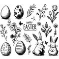 A set Easter-themed drawings and symbols, including an egg, flowers Royalty Free Stock Photo