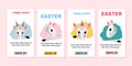 A set of Easter-themed story templates for a mobile app interface with the egg shape unicorn, reindeer, rhinoceros and capybara. Royalty Free Stock Photo