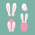 Set of Easter vector elements on pastel blue background. White bunny ears, egs and daisy. Hand