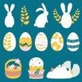 Set of Easter vector elements: rabbits, decorative painted eggs, basket, Easter cake, egg hunt.