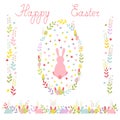 Set of Easter wreath with a cartoon rabbit ,horizontal border of tulips and eggs, two vertical ornaments. vector . Royalty Free Stock Photo