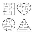 A set of easy mazes. Circle, square, triangle, heart. Game for kids. Puzzle for children. One entrances, one exit. Labyrinth