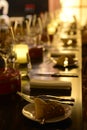 Restaurant Food, Set of Eating Utensils on the Table, Dark and White bread on Plate Royalty Free Stock Photo