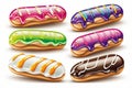 A set of eclairs in colored glaze on a white background. Generative AI