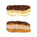 Set of eclairs with praline and cocoa cream in chocolate glaze. French pastries in watercolor style.