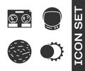 Set Eclipse of the sun, Celestial map of the night sky, Planet Venus and Astronaut helmet icon. Vector Royalty Free Stock Photo