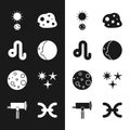 Set Eclipse of the sun, Leo zodiac, Solstice, Asteroid, Moon, Falling star, Pisces and Telescope icon. Vector Royalty Free Stock Photo