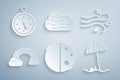 Set Eclipse of the sun, Wind, Rainbow with clouds, Sun protective umbrella for beach, Fog and and Compass icon. Vector Royalty Free Stock Photo