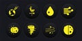 Set Eclipse of the sun, Wind, Tornado, Water drop, Rooster weather vane, and Comet falling down fast icon. Vector Royalty Free Stock Photo