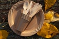 Set of eco, biodegradable paper coffee cups, wooden spoon fork napa. Zero waste, environmentally friendly, no plastic concept. Top