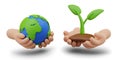 Set of eco concepts. 3D Earth in palms, hands hold soil with plant Royalty Free Stock Photo